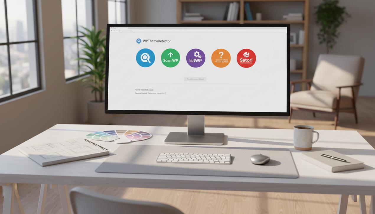 Poste de travail moderne avec écran affichant détection de thème WordPress et logos des outils populaires dans un bureau lumineux.