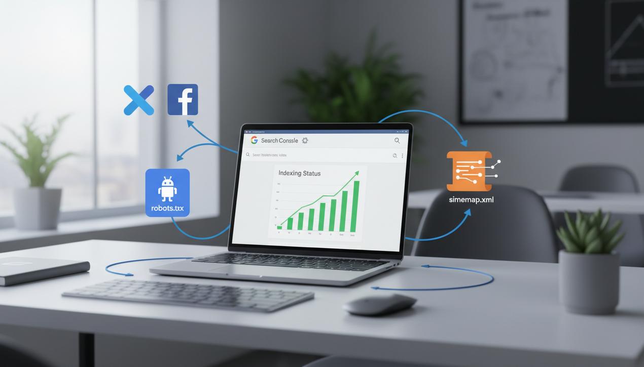 Bureau moderne en 2025 illustrant lindexation Google avec Google Search Console, robots txt, sitemap et backlinks pour SEO rapide