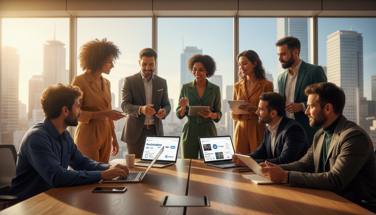 Scène professionnelle illustrant un bureau collaboratif en 2025 avec des experts LinkedIn influents autour d’une table moderne.