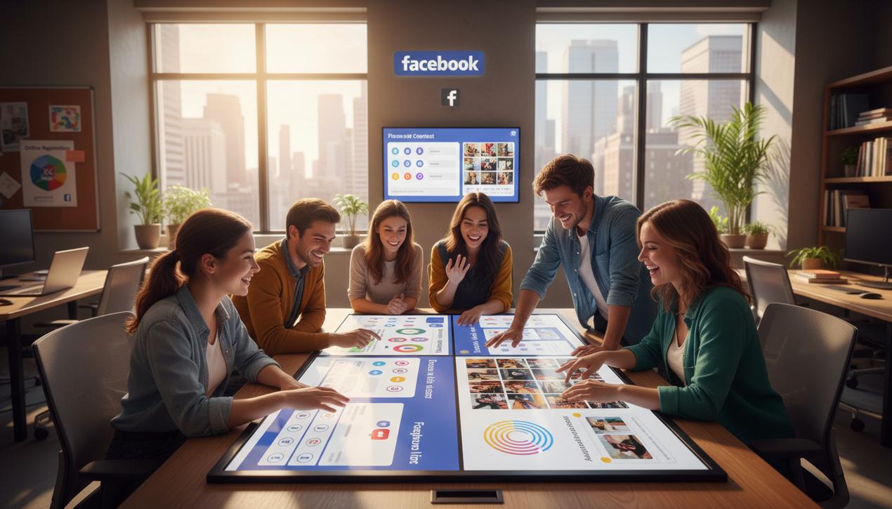 Un groupe de jeunes travaille dans un bureau lumineux et moderne autour d'une table tactile affichant des concours Facebook interactifs pour dynamiser la stratégie marketing en 2025.