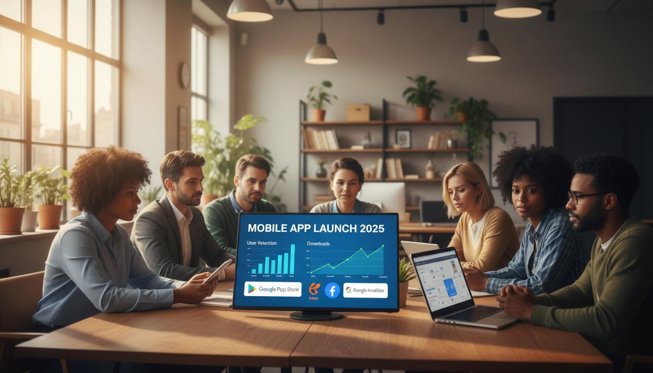 Scène de lancement dapplication mobile en 2025 avec une équipe analysant des statistiques sur un écran tactile moderne dans un environnement de bureau lumineux et naturel.