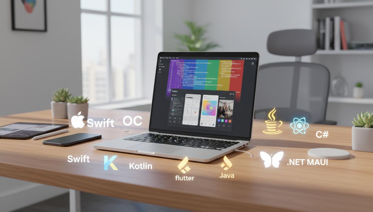 Espace de travail moderne avec logos des principaux langages mobiles et un ordinateur affichant du code et une interface d'application mobile.