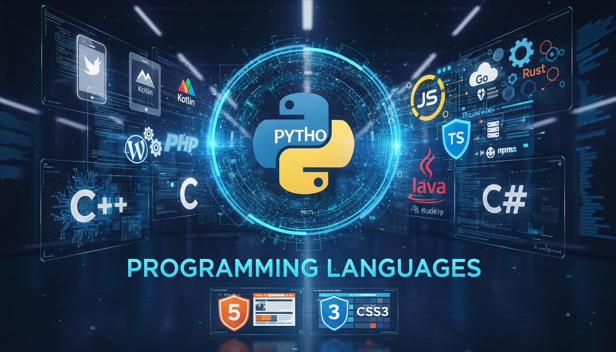 Illustration détaillée des 12 langages de programmation majeurs en 2025 avec leurs logos, concepts visuels et ambiance technologique moderne.