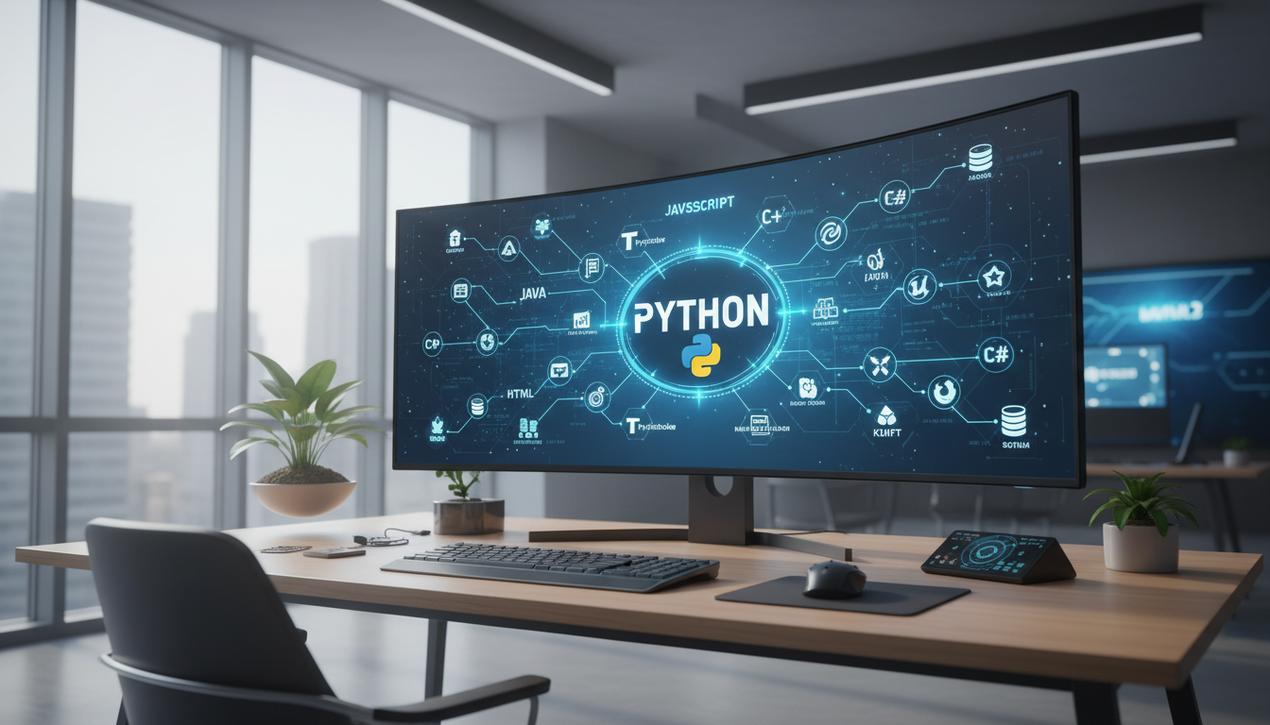 Poste de travail moderne mettant en avant Python et autres langages de programmation clés avec logos et ambiance lumineuse naturelle.