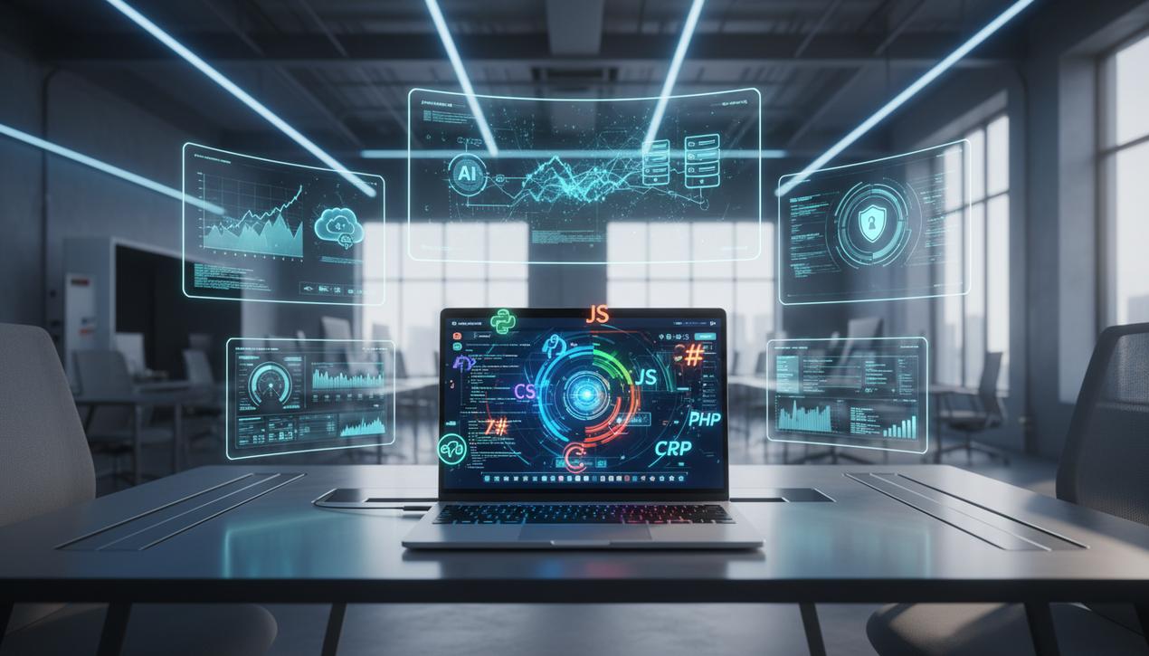 Espace de travail technologique moderne illustrant les langages de programmation clés en 2025 avec logos et interfaces futuristes colorées.
