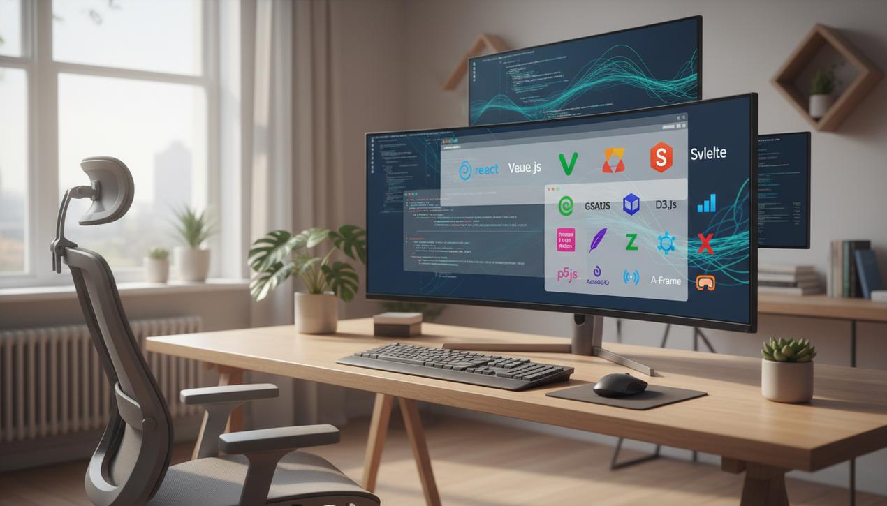 Bureau moderne avec écran affichant logos colorés des principales librairies JavaScript utilisées en 2025 pour développement web.