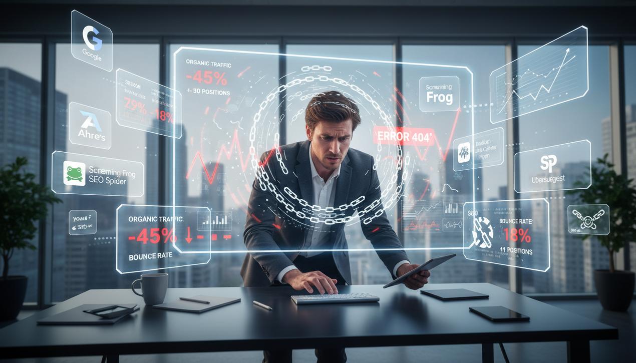 Espace de travail moderne montrant un spécialiste SEO analysant les liens cassés et les outils gratuits pour optimiser le référencement en 2025.