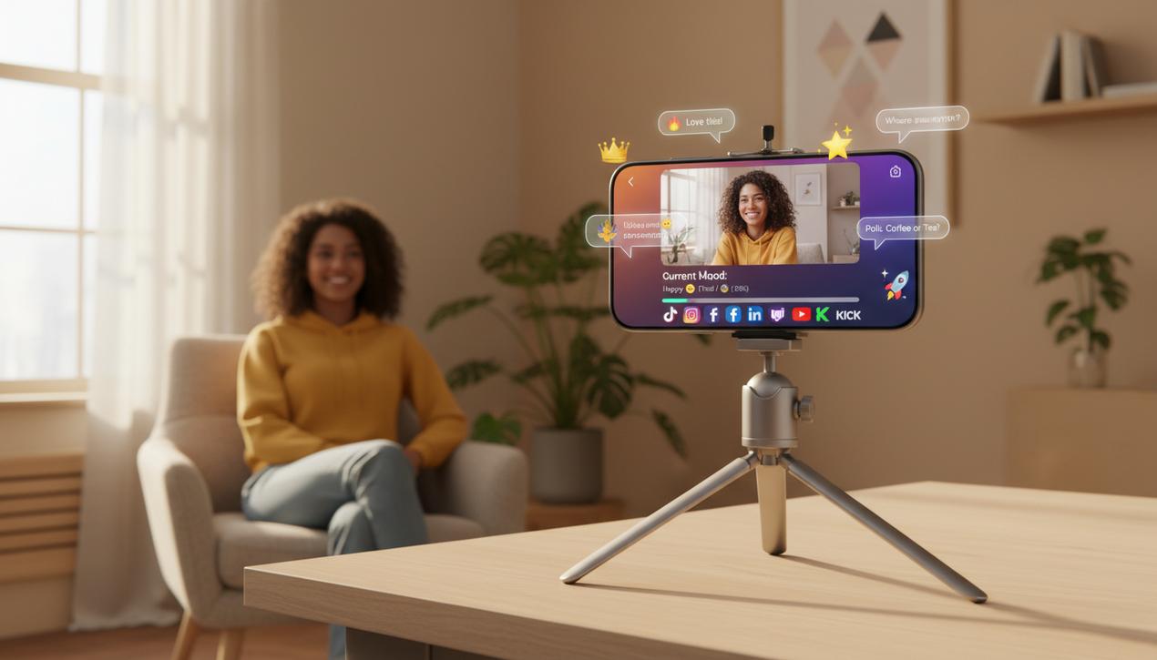 Un créateur de contenu diffuse en direct depuis son smartphone moderne avec les logos TikTok, Instagram, Facebook, YouTube, Twitch, LinkedIn, X et Kick visibles, ambiance lumineuse naturelle et décor cosy.