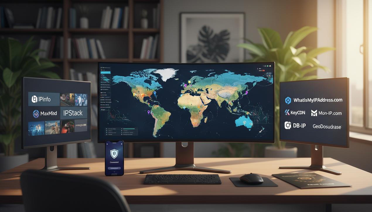 Bureau moderne avec écran montrant une carte mondiale interactive de géolocalisation IP et logos des principaux outils gratuits en lumière chaude.