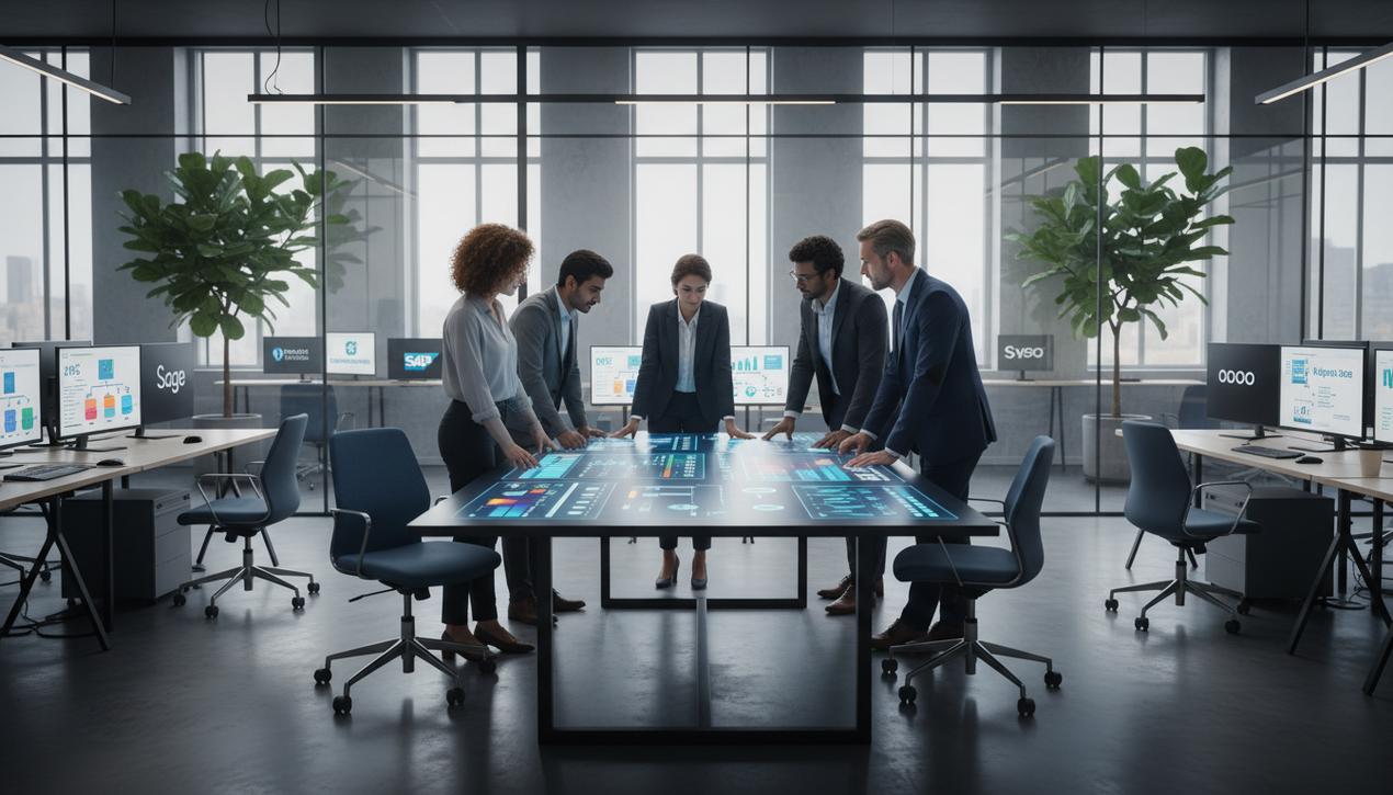 Scène de bureau moderne en 2025 montrant une collaboration professionnelle autour de logiciels ERP avec les logos des principaux outils visibles.