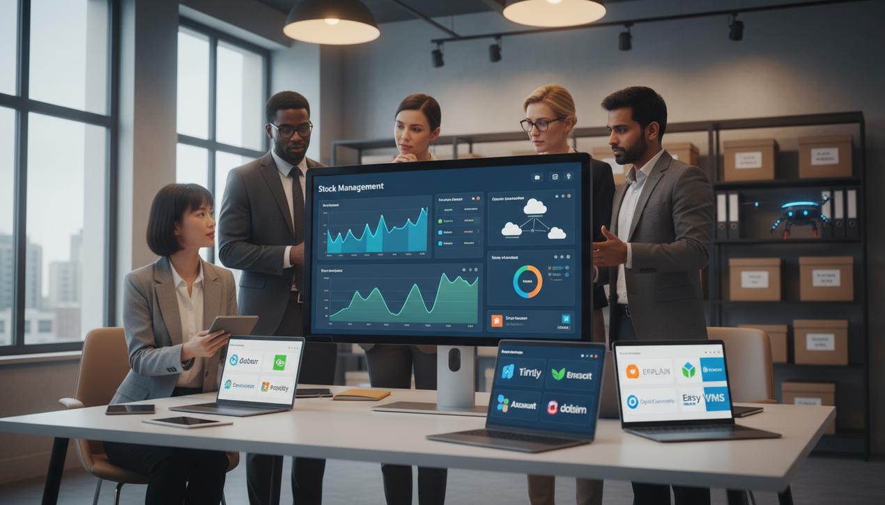 Bureau moderne en 2025 avec professionnels utilisant logiciels de gestion de stock incluant logos, technologies IA et cloud visibles