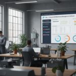 Bureau moderne illustrant un logiciel de gestion de maintenance avec tableaux de bord numériques, logos des meilleures solutions gratuites de 2025 et techniciens utilisant mobiles dans un environnement lumineux et industriel.