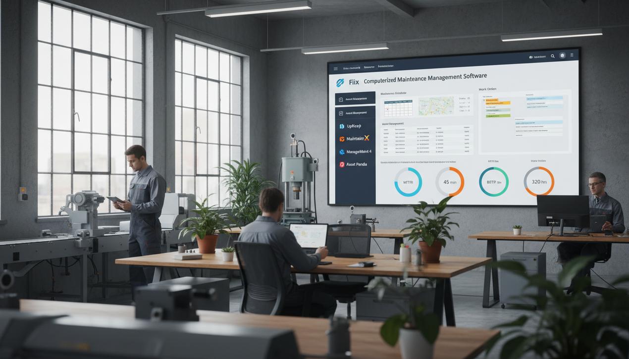 Bureau moderne illustrant un logiciel de gestion de maintenance avec tableaux de bord numériques, logos des meilleures solutions gratuites de 2025 et techniciens utilisant mobiles dans un environnement lumineux et industriel.