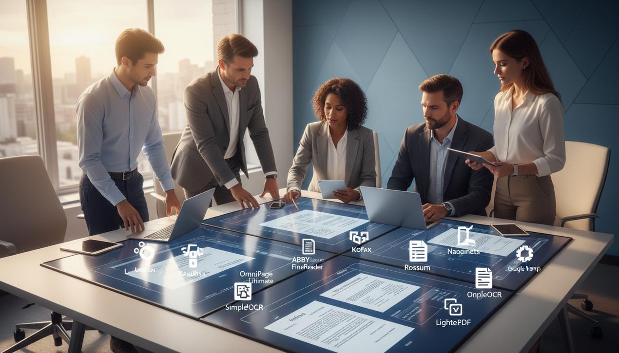 Professionnels utilisant divers logiciels OCR pour transformer des documents en données numériques précises dans un bureau moderne.