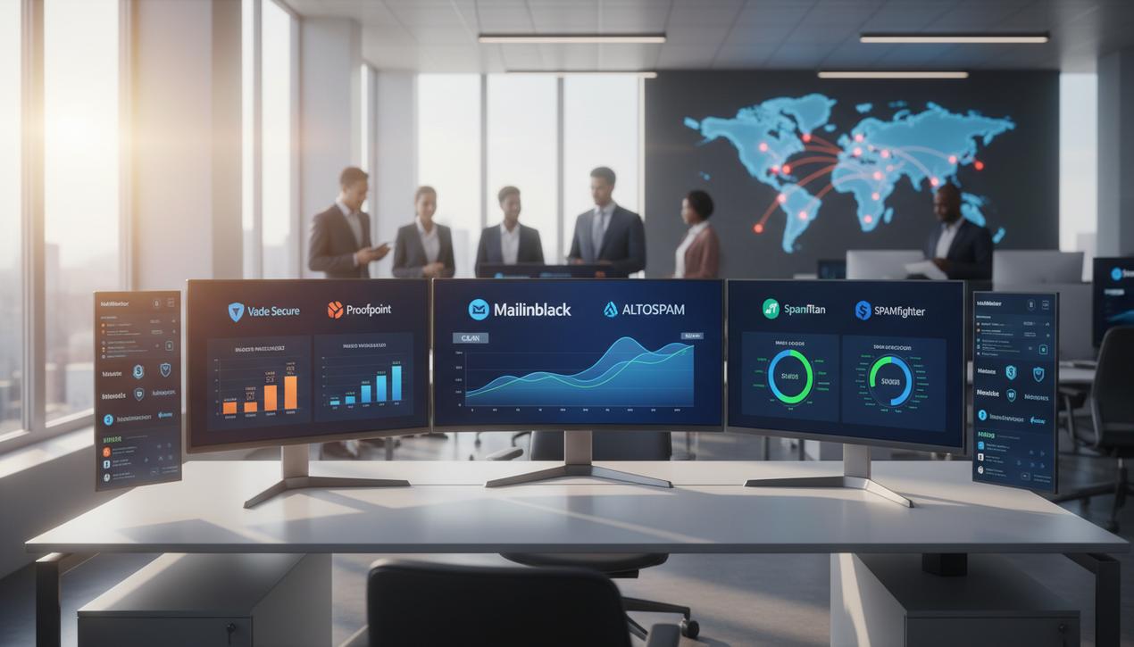 Bureau moderne avec plusieurs écrans affichant les logos et interfaces des meilleurs logiciels anti-spam en 2025 dans un environnement lumineux et professionnel.