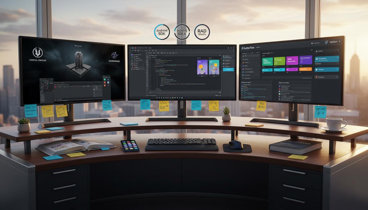 Bureau professionnel montrant plusieurs écrans avec logos et interfaces des meilleurs logiciels de développement d'applications Android en 2025 dans un environnement naturel et lumineux.