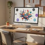 Un poste de travail moderne montre un ordinateur avec des logiciels vectoriels 2025 et logos Adobe, Figma, Affinity Designer et autres.