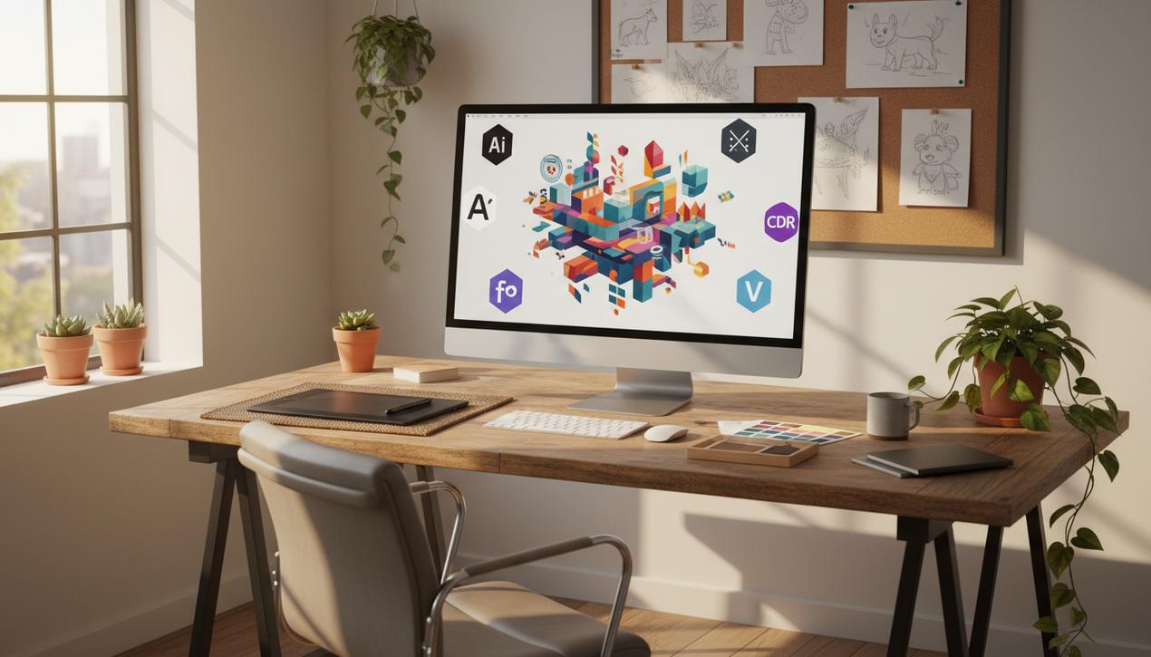 Un poste de travail moderne montre un ordinateur avec des logiciels vectoriels 2025 et logos Adobe, Figma, Affinity Designer et autres.
