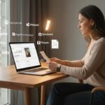Freelance utilisant un logiciel de facturation à domicile en 2025 avec logos des principaux outils visibles dans un bureau moderne lumineux