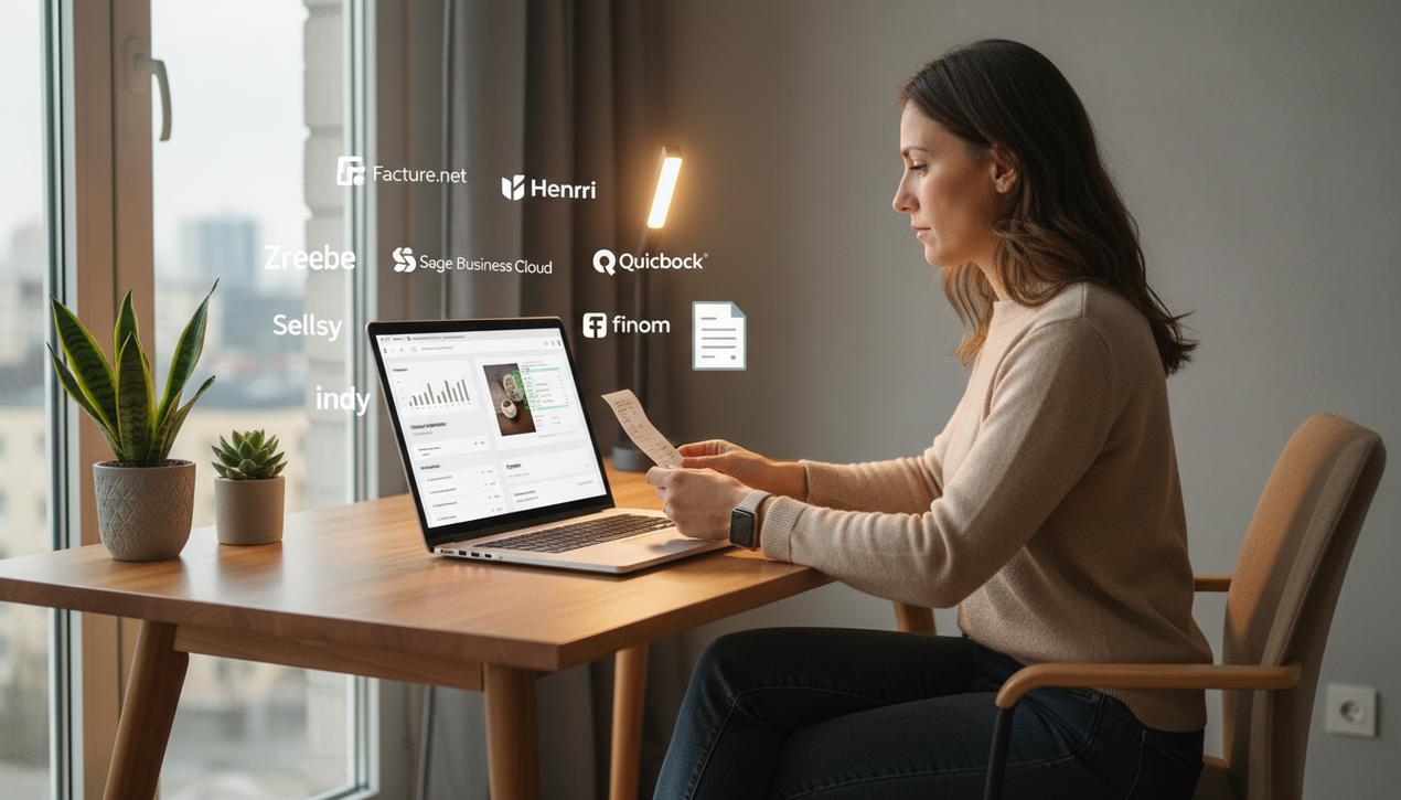 Freelance utilisant un logiciel de facturation à domicile en 2025 avec logos des principaux outils visibles dans un bureau moderne lumineux