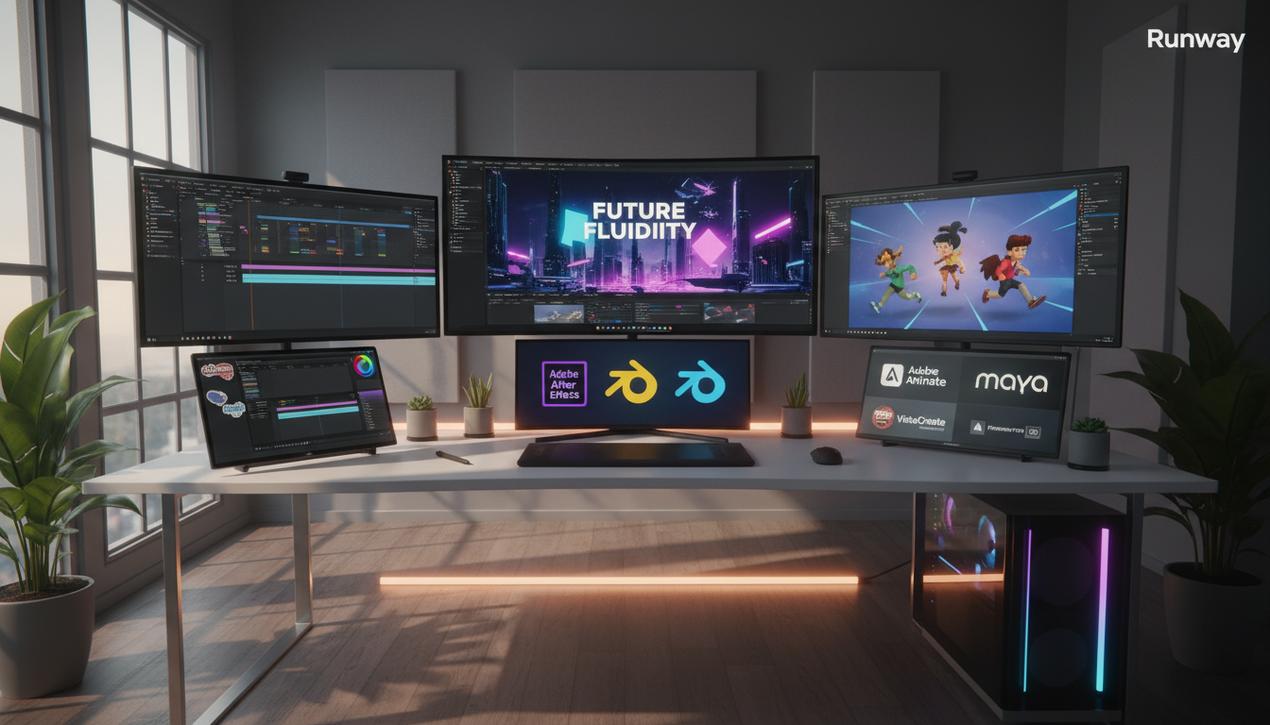 Un espace de travail moderne avec plusieurs écrans affichant des animations 2D et 3D, intégrant des logiciels de motion design populaires en 2025 dans un studio lumineux et professionnel.