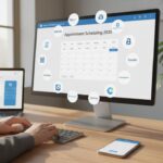Bureau professionnel moderne en lumière naturelle montrant un ordinateur avec interface de logiciels de prise de rendez-vous 2025 et logos des meilleurs outils intégrés.