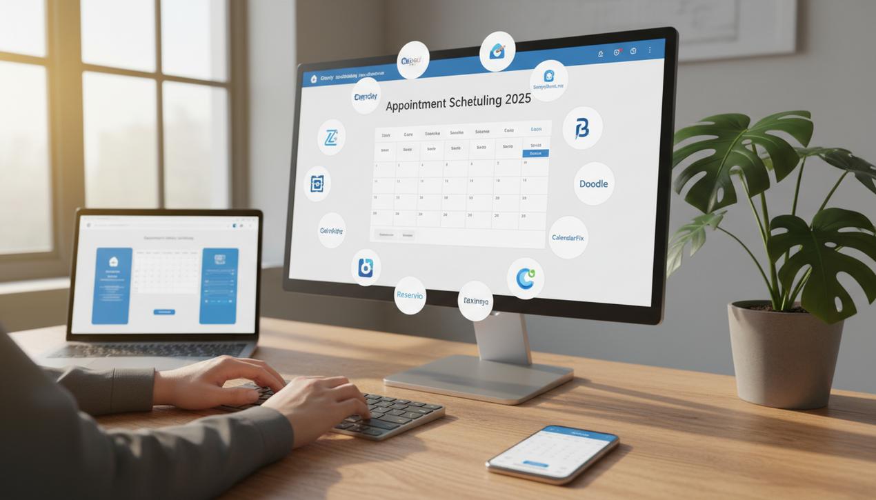 Bureau professionnel moderne en lumière naturelle montrant un ordinateur avec interface de logiciels de prise de rendez-vous 2025 et logos des meilleurs outils intégrés.