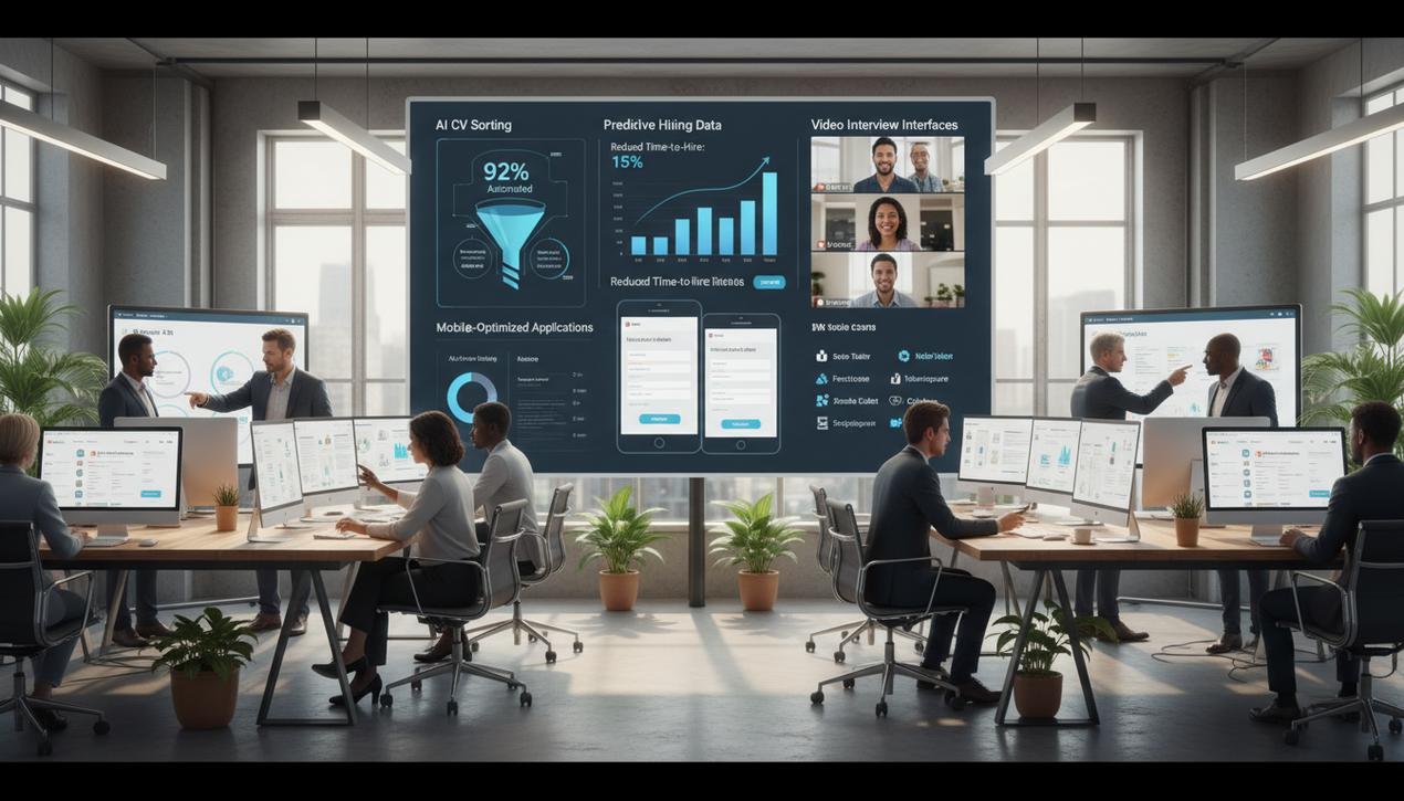 Bureau moderne en 2025 avec tableaux de bord de recrutement automatisé et logos des meilleurs logiciels de recrutement affichés.