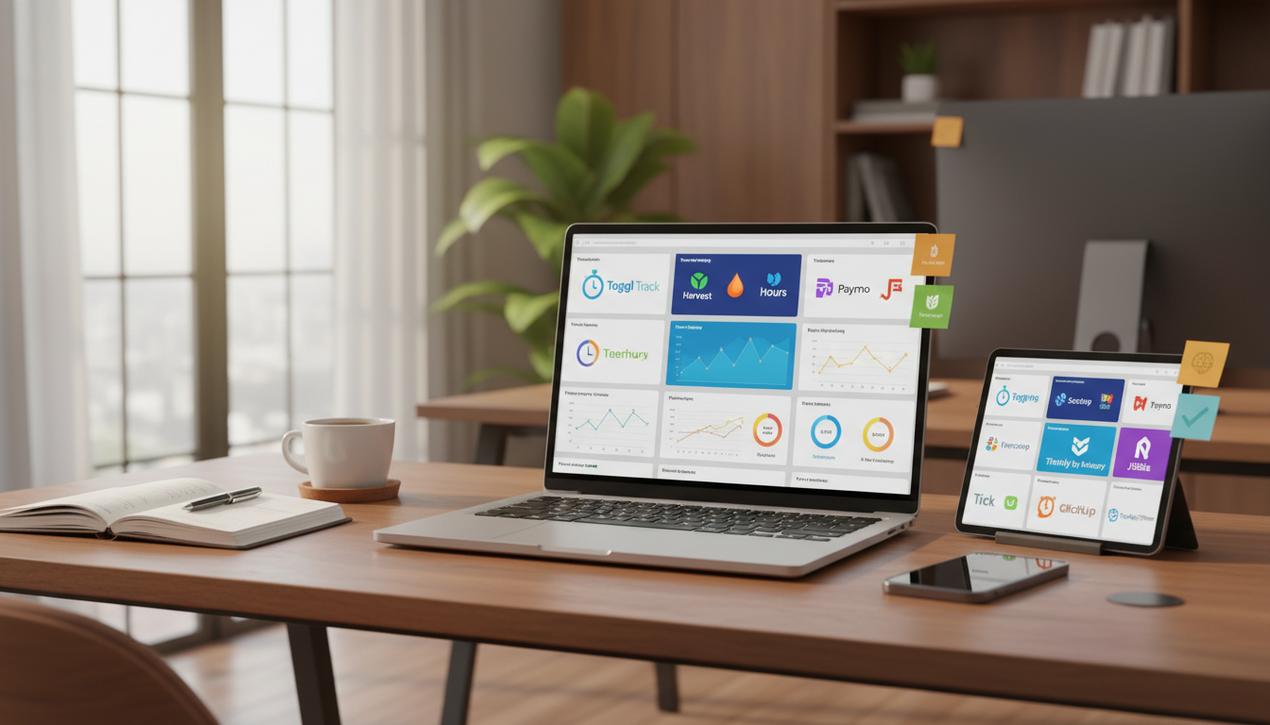 Bureau moderne avec ordinateur affichant plusieurs logiciels de suivi du temps en 2025 pour optimiser productivité et gestion du travail.
