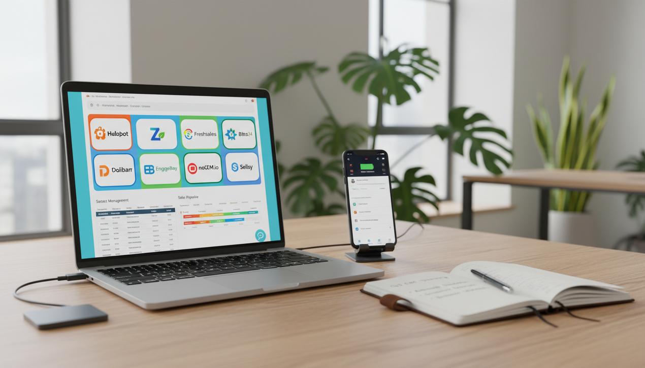 Bureau professionnel lumineux avec un ordinateur affichant plusieurs logiciels CRM gratuits populaires en 2025 et outils modernes de gestion client.