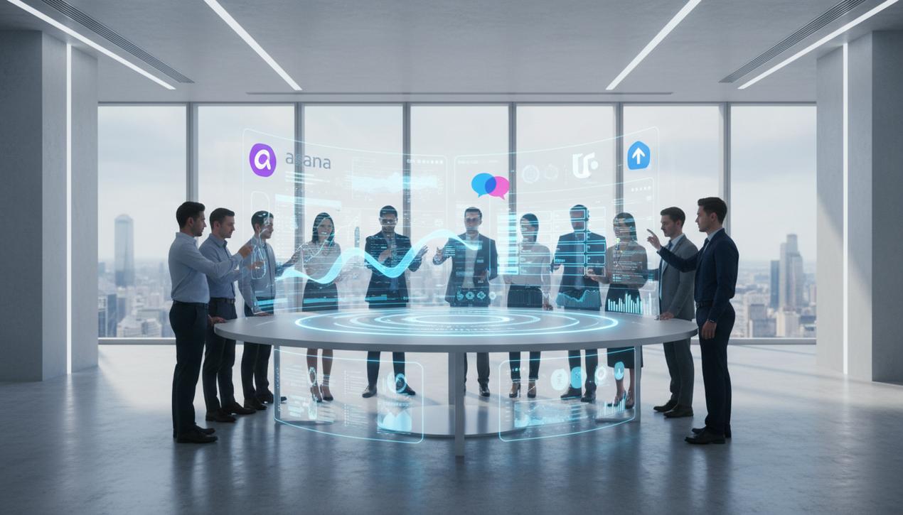 Une équipe de professionnels diversifiée utilise un tableau de bord holographique futuriste pour la gestion de projet en 2025, intégrant les logos des meilleurs logiciels.