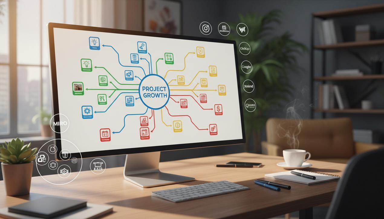 Espace de travail lumineux avec un écran affichant une carte mentale colorée et logos des meilleurs logiciels gratuits de mind mapping en 2025.