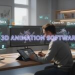 Espace de travail professionnel en animation 3D en 2025 avec logo des principaux logiciels sur écrans et bureau organisé.