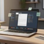 Bureau moderne en 2025 avec un ordinateur affichant des logiciels gratuits de devis et facturation populaires pour freelances et TPE.