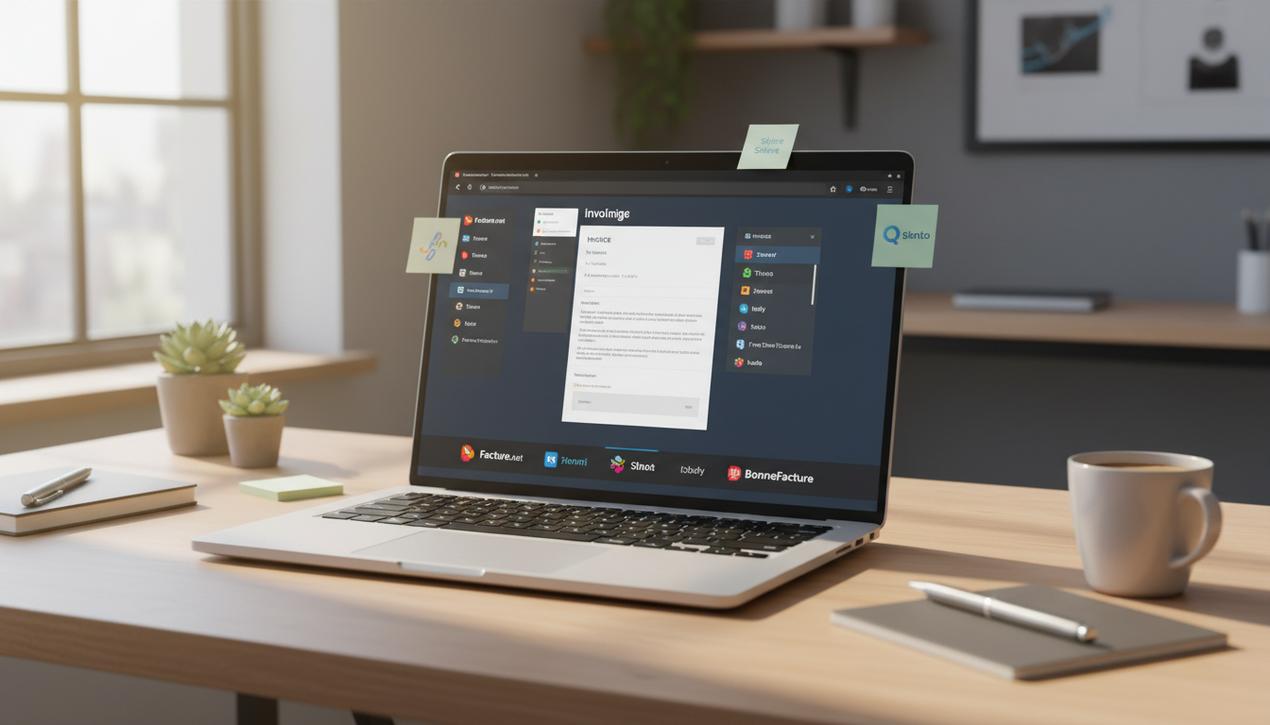 Bureau moderne en 2025 avec un ordinateur affichant des logiciels gratuits de devis et facturation populaires pour freelances et TPE.