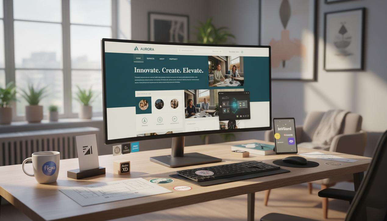Espace de travail moderne illuminé avec écran affichant maquette de site web détaillée entourée des logos des principaux outils de design web en 2025.