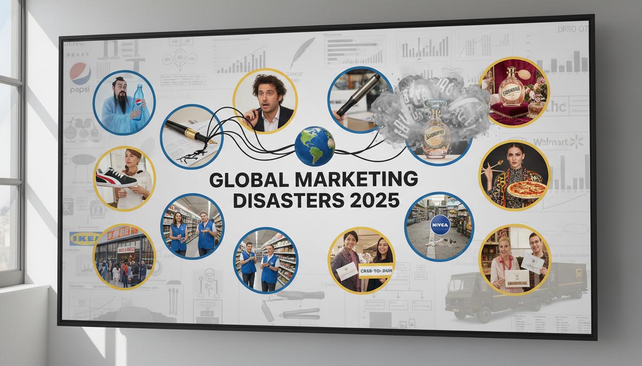 Scène détaillée illustrant 12 échecs de marketing international célèbres avec éléments culturels et logos de marques dans un bureau moderne.
