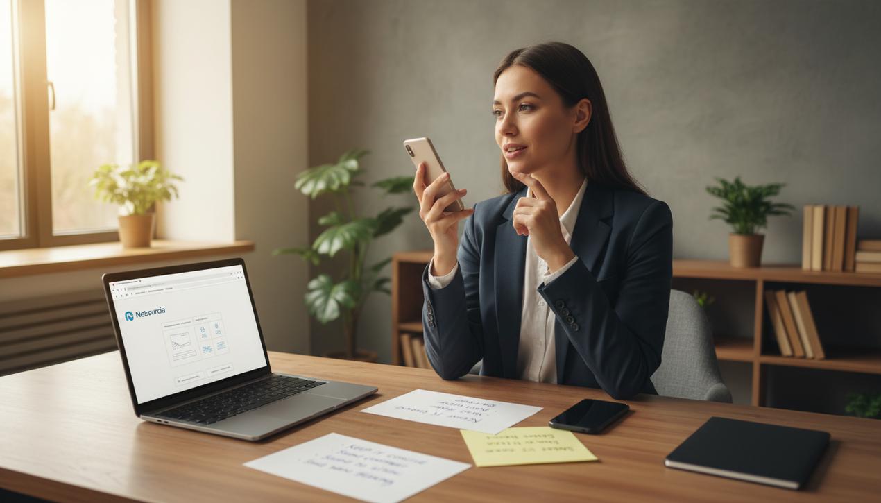 Un professionnel prépare un message vocal clair et concis dans un bureau moderne avec ordinateur affichant l’outil Netsourcia en 2025.