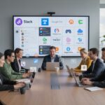 Professionnels collaborant dans un bureau moderne utilisant les principales plateformes de messagerie d'entreprise avec logos visibles sur écrans et ambiance lumineuse naturelle.