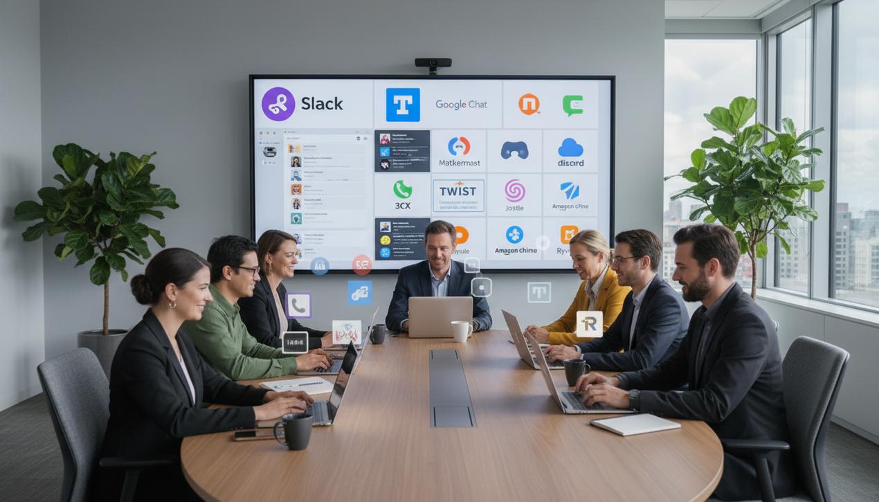 Professionnels collaborant dans un bureau moderne utilisant les principales plateformes de messagerie d'entreprise avec logos visibles sur écrans et ambiance lumineuse naturelle.