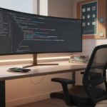 Espace de travail moderne en 2025 avec écran affichant le code CSS pour mode sombre, logos Windows, macOS, Android, iOS, Instagram, Slack, YouTube, ambiance lumineuse naturelle et chaleureuse.