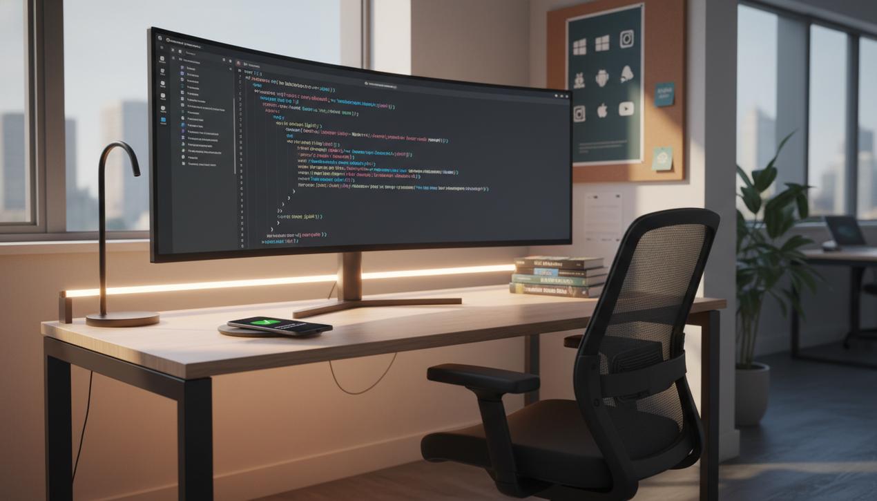 Espace de travail moderne en 2025 avec écran affichant le code CSS pour mode sombre, logos Windows, macOS, Android, iOS, Instagram, Slack, YouTube, ambiance lumineuse naturelle et chaleureuse.