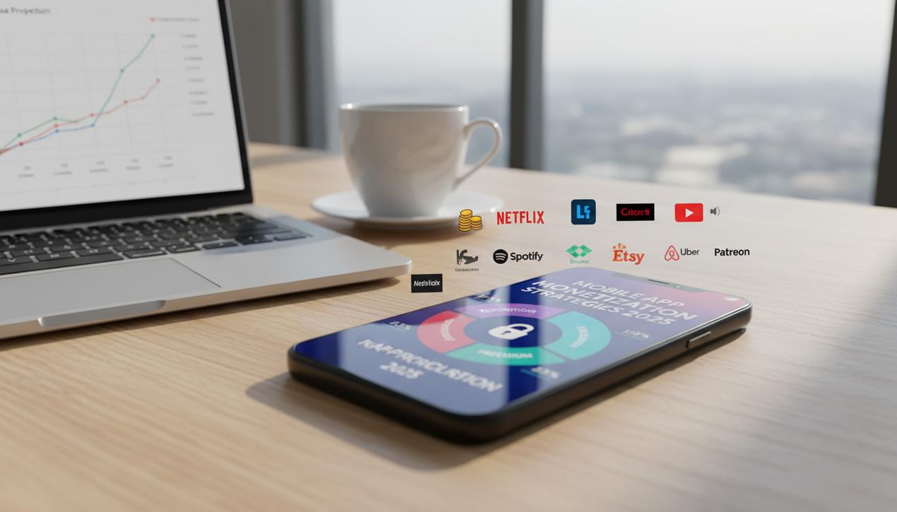 Smartphone moderne affichant les stratégies de monétisation des applications mobiles en 2025 sur un bureau en bois avec lumière naturelle apaisante.
