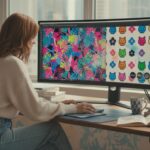 Un designer moderne utilise des motifs Photoshop colorés et texturés dans un espace de travail lumineux et professionnel en 2025.