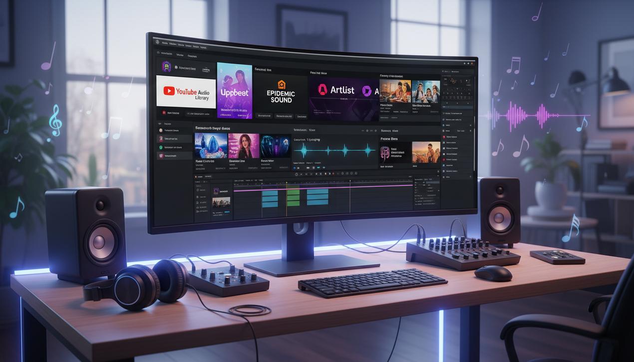 Espace de travail moderne en 2025 dédié à la musique libre de droit pour créateurs de vidéos avec interfaces et logos des plateformes populaires.