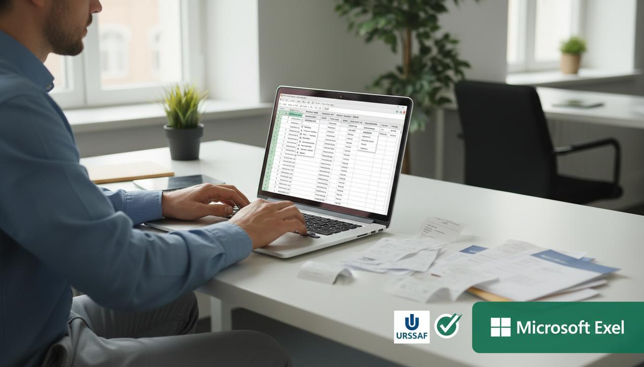 Bureau moderne avec un ordinateur affichant un tableau Excel de gestion de notes de frais, entouré de justificatifs, éclairage naturel.