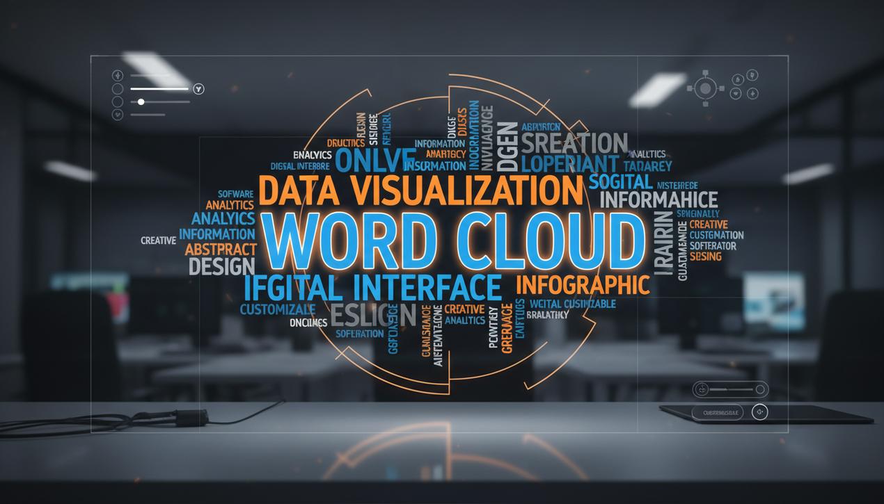 Visualisation moderne et colorée d'un nuage de mots dynamique avec un mot-clé principal en grand, ambiance technologique et professionnelle.