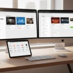 Une scène de bureau moderne avec des écrans affichant des interfaces d’optimisation d’images et les logos des principaux outils 2025 pour sites web rapides.