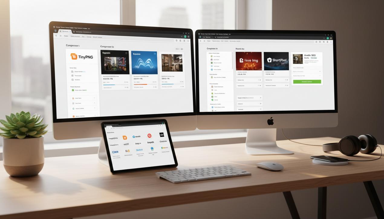 Une scène de bureau moderne avec des écrans affichant des interfaces d’optimisation d’images et les logos des principaux outils 2025 pour sites web rapides.