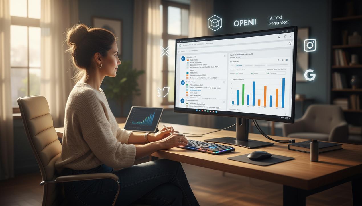 Un professionnel du marketing utilisant des opérateurs avancés sur X dans un bureau moderne lumineux avec logos d’outils digitaux visibles.